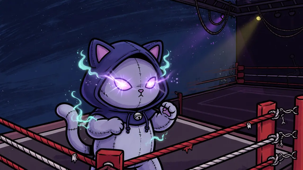 A hooded cat with cyan wisps at night