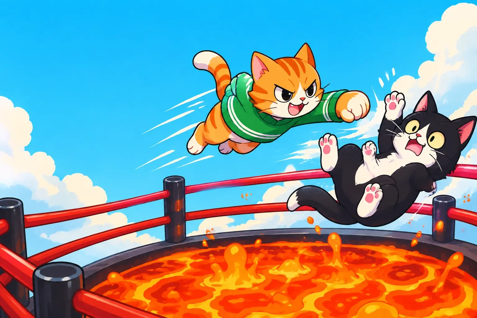 Orange tabby in a green hoodie throwing a tuxedo cat over a red rope above lava